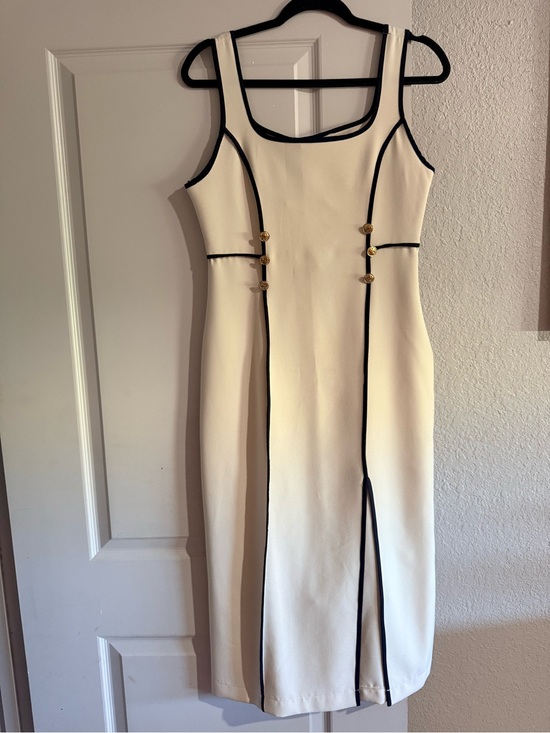 Zara Dresses & Skirts - Zara Cream Midi Dress with Black Piping and Gold Buttons